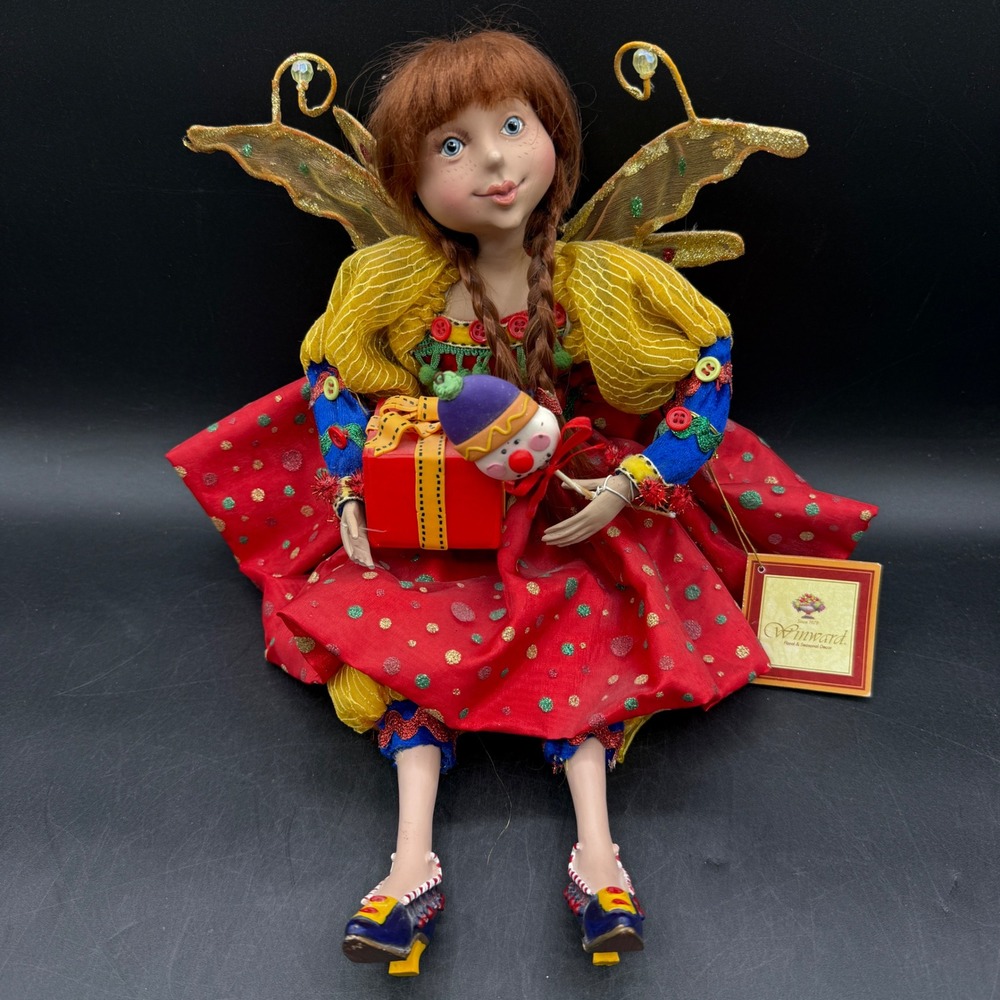 Winward Sitting Button Girl Fairy Holiday Decor Red Gold Wings 17 inch Whimsical